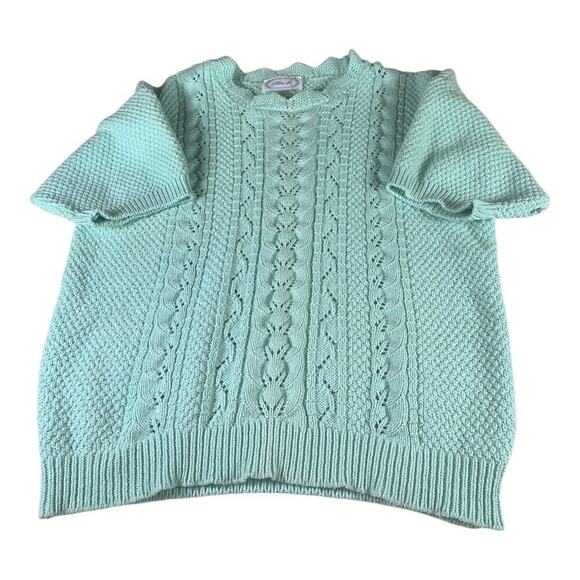 Vintage Billi Jo Crochet Chunky Knit Short Sleeve Sweater Scalloped USA M/L Blue - Picture 4 of 9